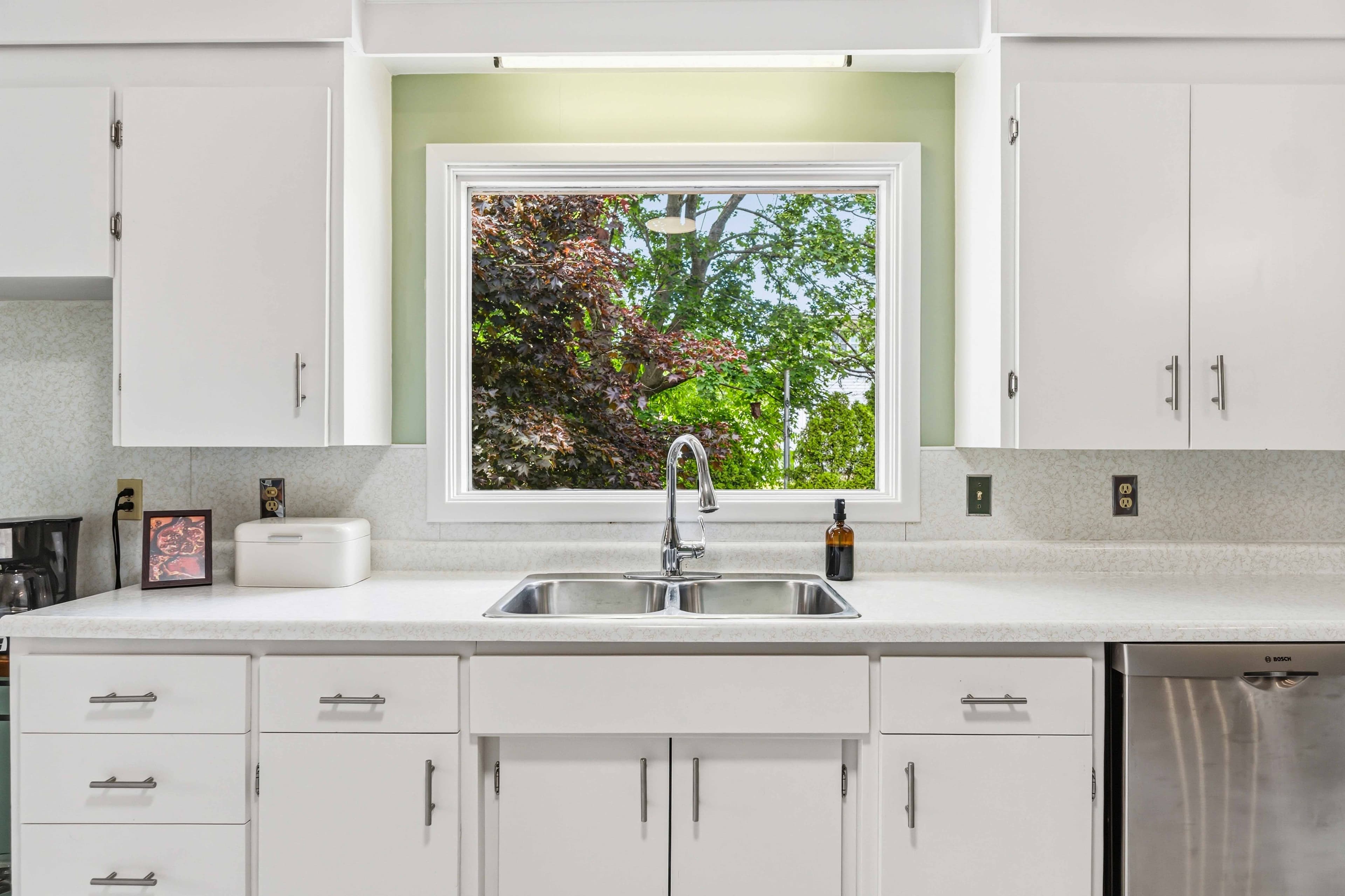 Kitchen looking out to the backyard